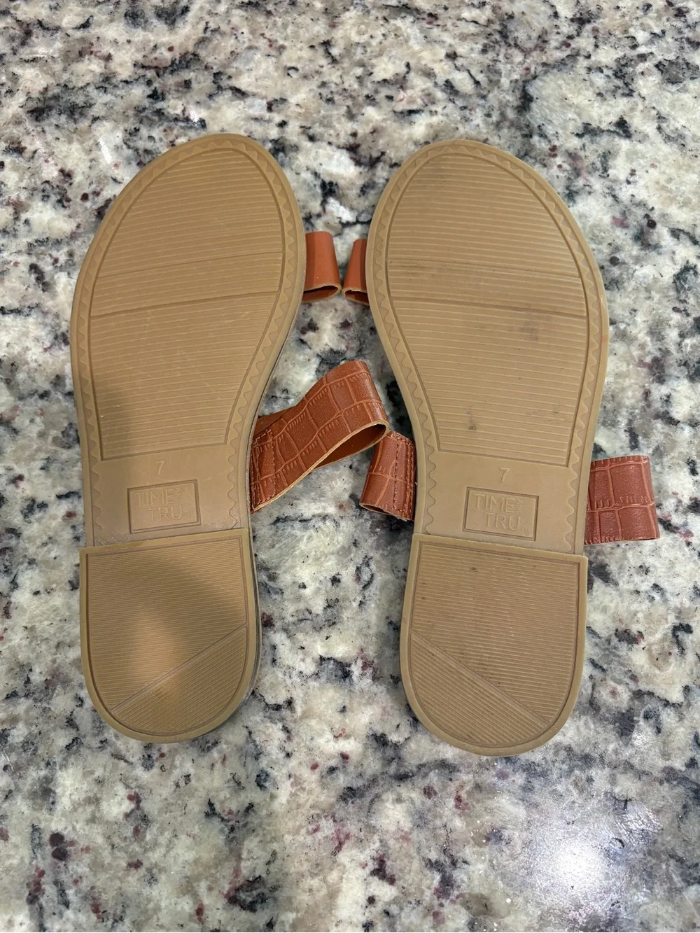 Time and Tru Tan Croc-Texture Double Band Slide Sandals